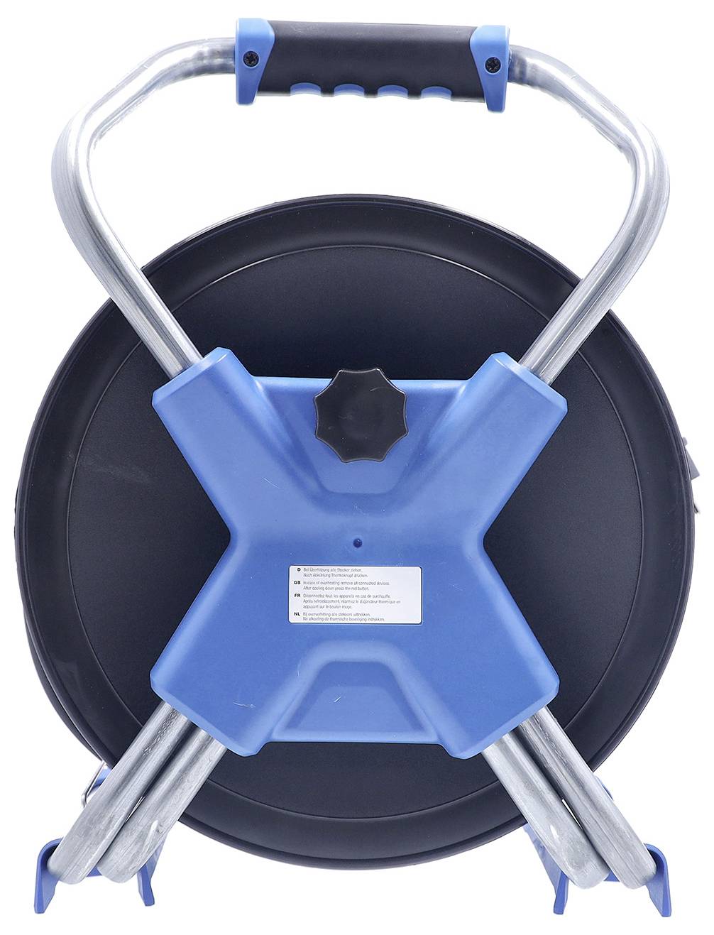 Blau-silberner Schlauchwagen mit schwarzer Schlauchspule, zusammengeklappt zur Lagerung auf weißem Hintergrund.