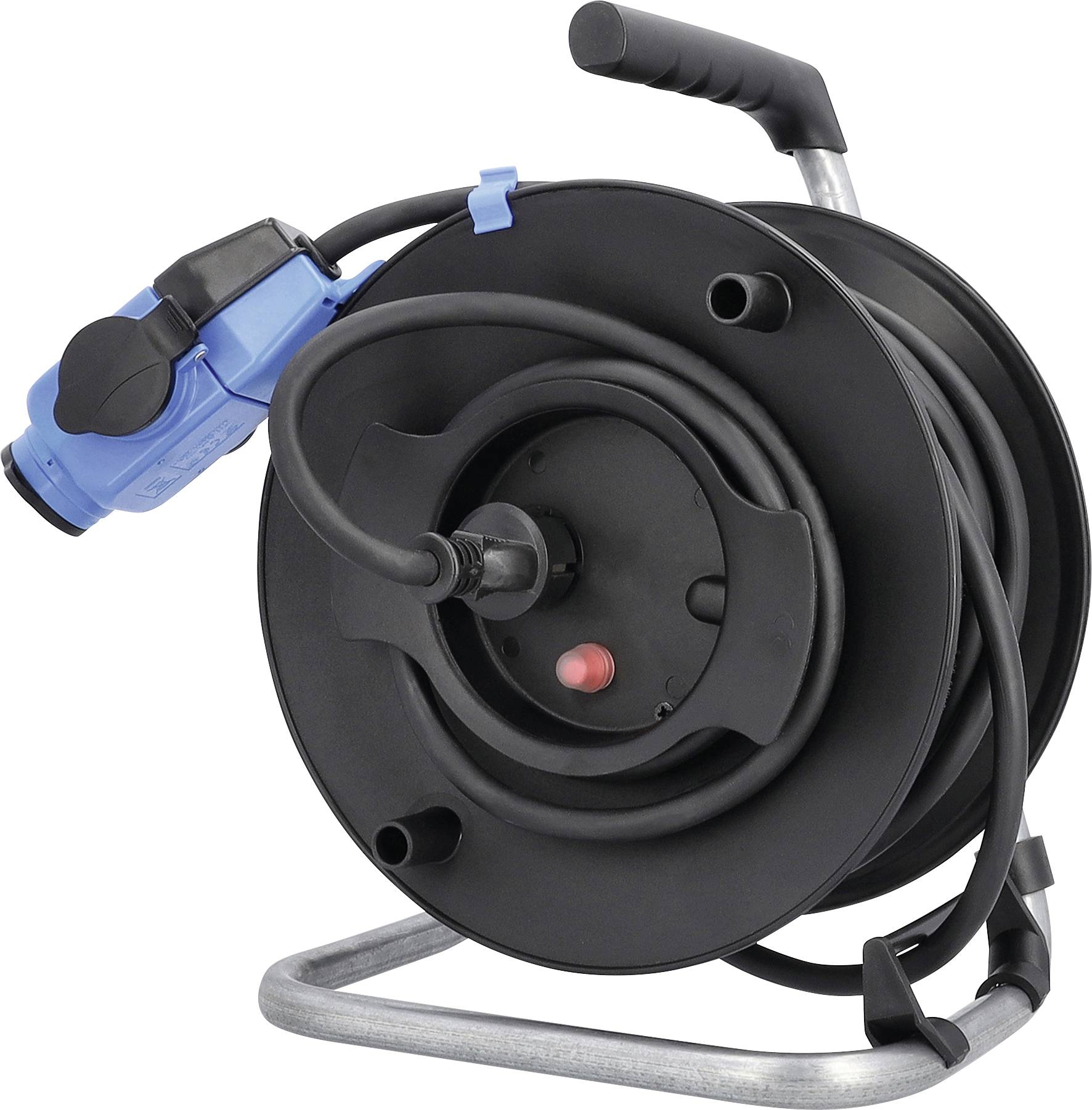 Tragbare Kabelrolle mit schwarzer Spule, blauem Stecker und schwarzem Stromkabel auf einem Metallständer.