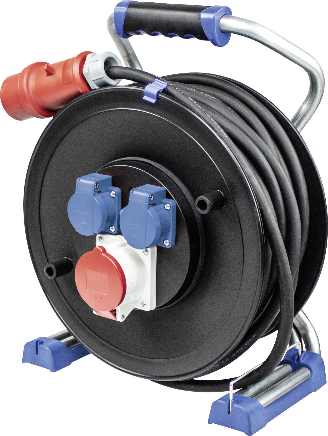 Tragbare Kabelrolle mit aufgewickeltem schwarzem Stromkabel, mehreren roten und blauen industriellen Elektrosteckdosen und einem Metalltragehenkel.