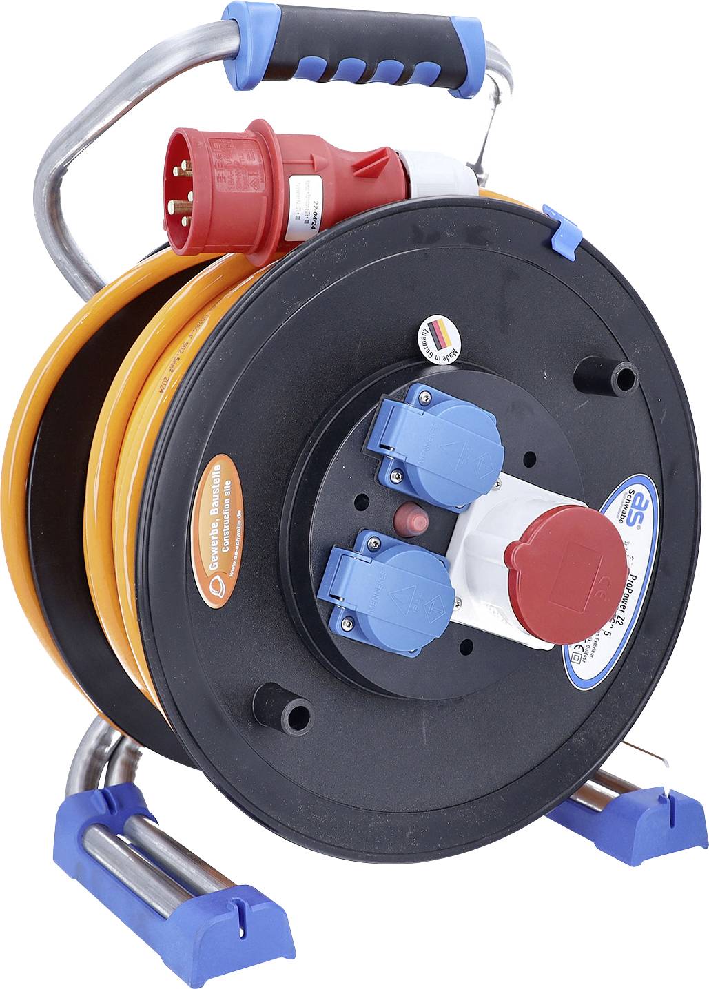 Tragbare Kabelrolle mit orangefarbigem Verlängerungskabel, blauem Griff und Füßen sowie roten und blauen Steckdosen an der Vorderseite.
