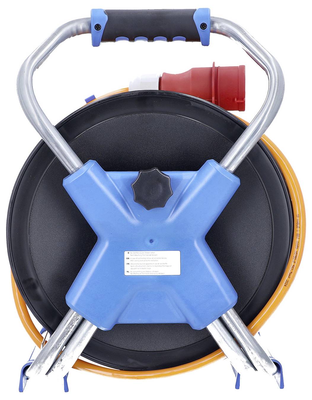 Blau-schwarzer Schlauchaufroller mit Metallgriff und orangem Schlauch, Vorderansicht auf weißem Hintergrund dargestellt.