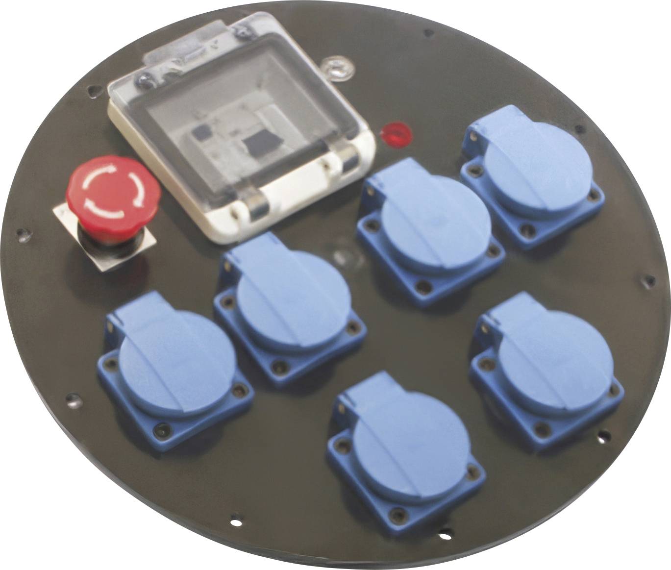 Rundes schwarzes Elektrischfeld mit sechs blauen abgedeckten Steckdosen, einem roten Notausschalter und einer transparenten Schutzschalterabdeckung.