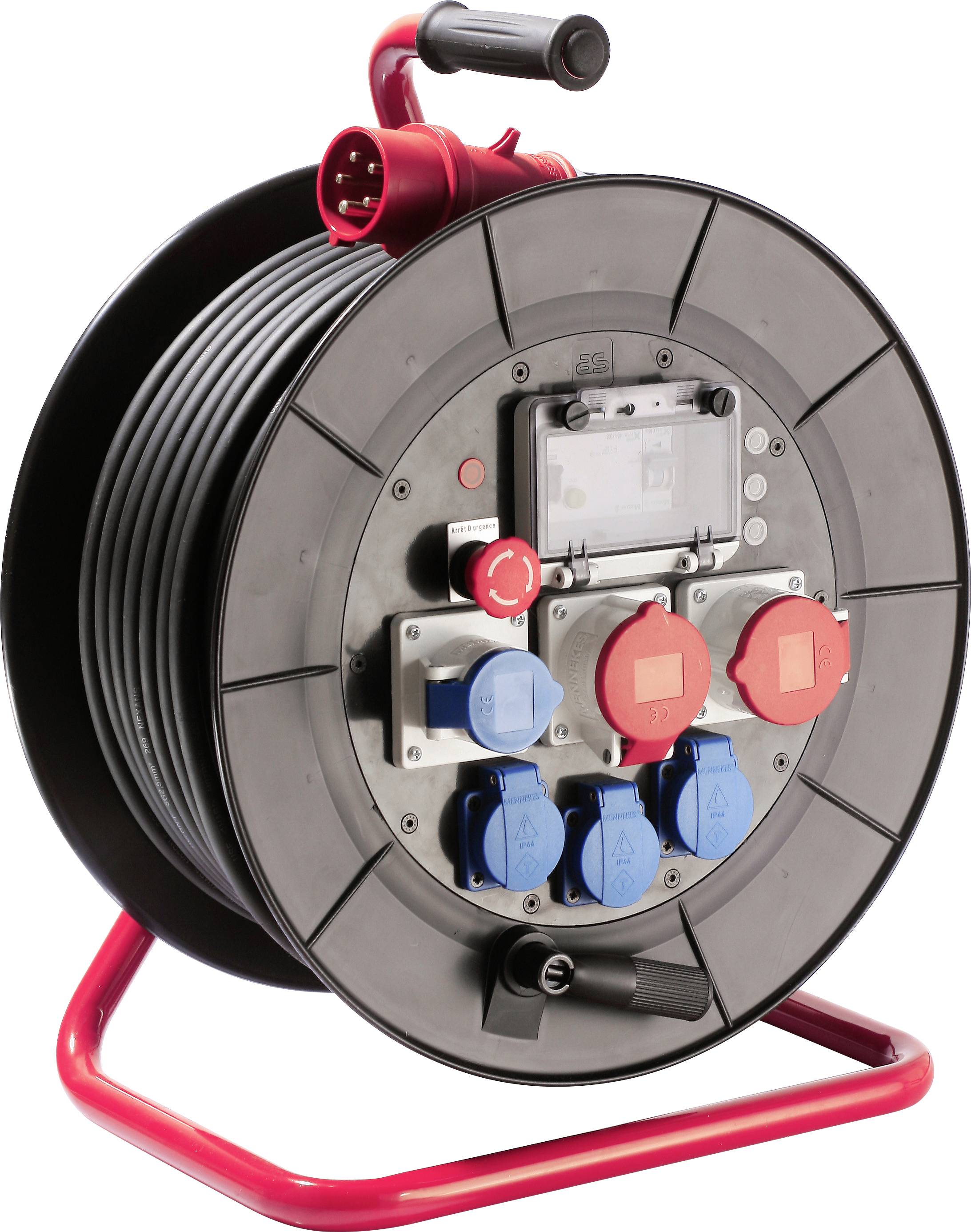 Tragbare Kabelrolle mit mehreren roten und blauen Elektrosteckdosen und Steckern, auf einem roten Rahmen montiert zur Stromverteilung.