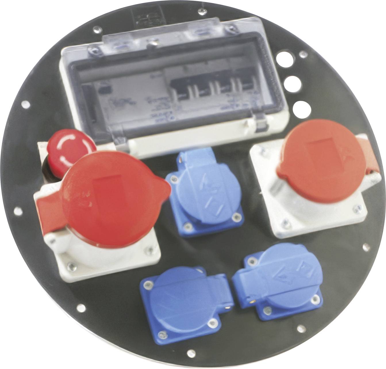 Rundes Stromverteilungs-Panel mit abgedecktem Zähler und mehreren roten und blauen Steckdosen.
