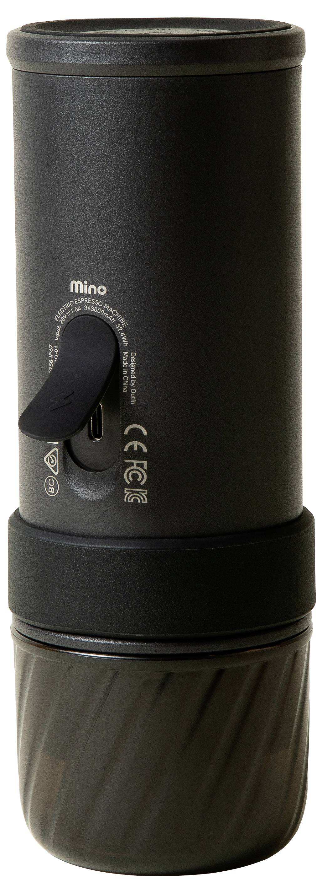 Schwarze zylindrische tragbare Kaffeemühle mit einer Handkurbel an der Seite und einer strukturierten Basis.