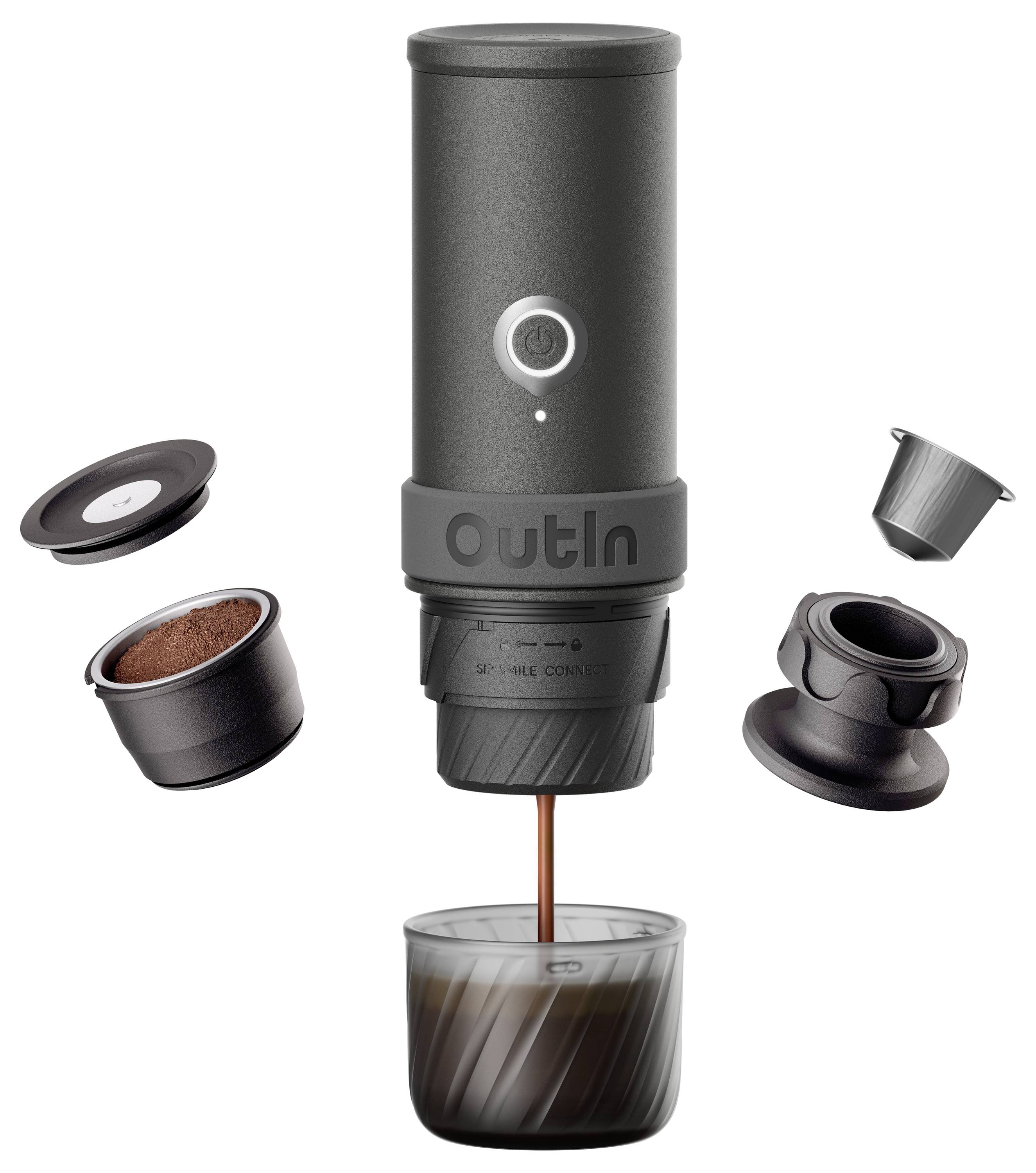 Tragbarer Outin Espresso-Maker, der Kaffee in ein Glas einfüllt, mit abnehmbaren Filter- und Kapselteilen, die darum herum gezeigt werden