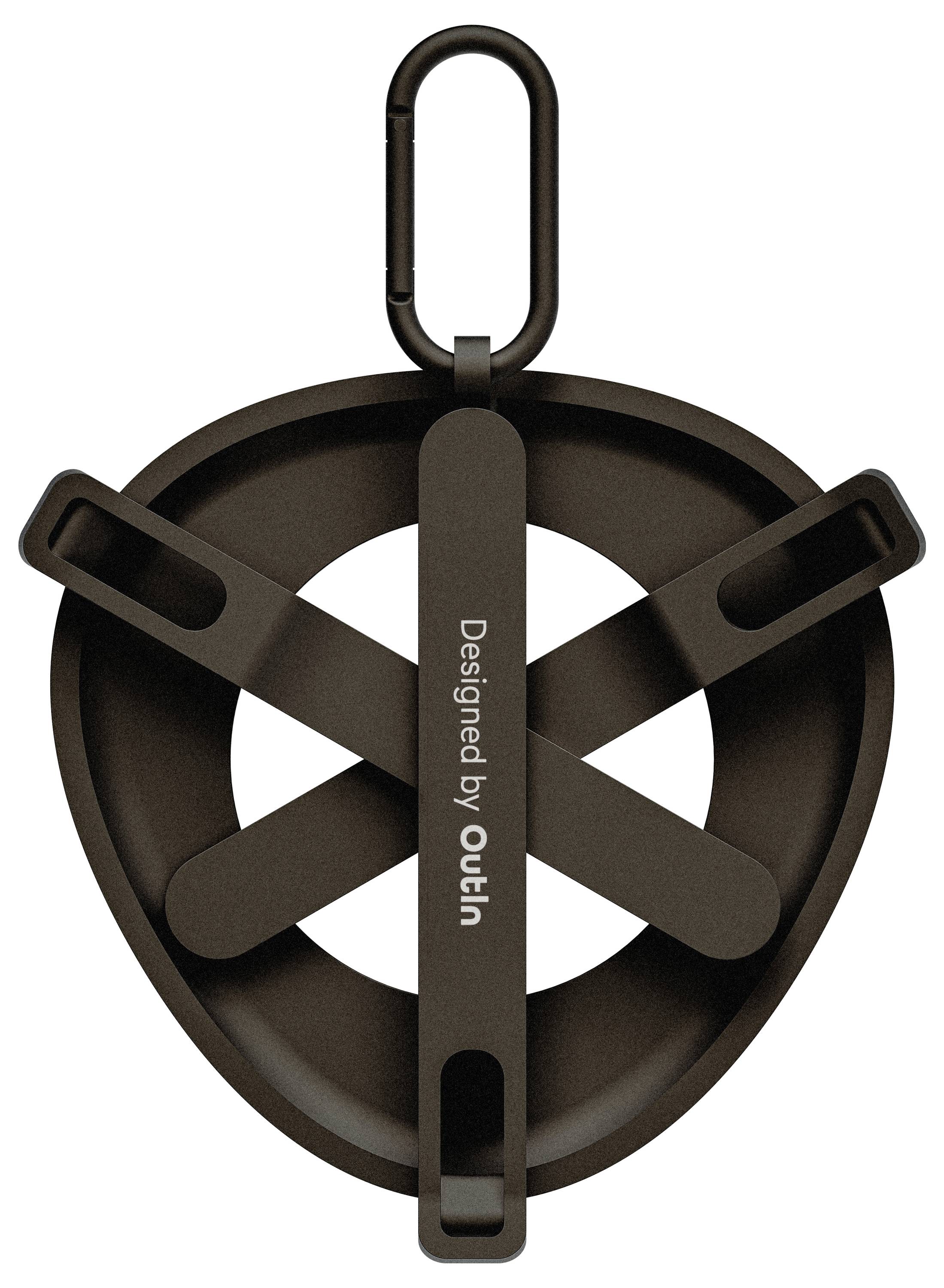 Schwarzer Schutzband-Halter mit Karabinerhaken, gekreuzten Bändern und der Aufschrift "Designed by Outin" vertikal zentriert.