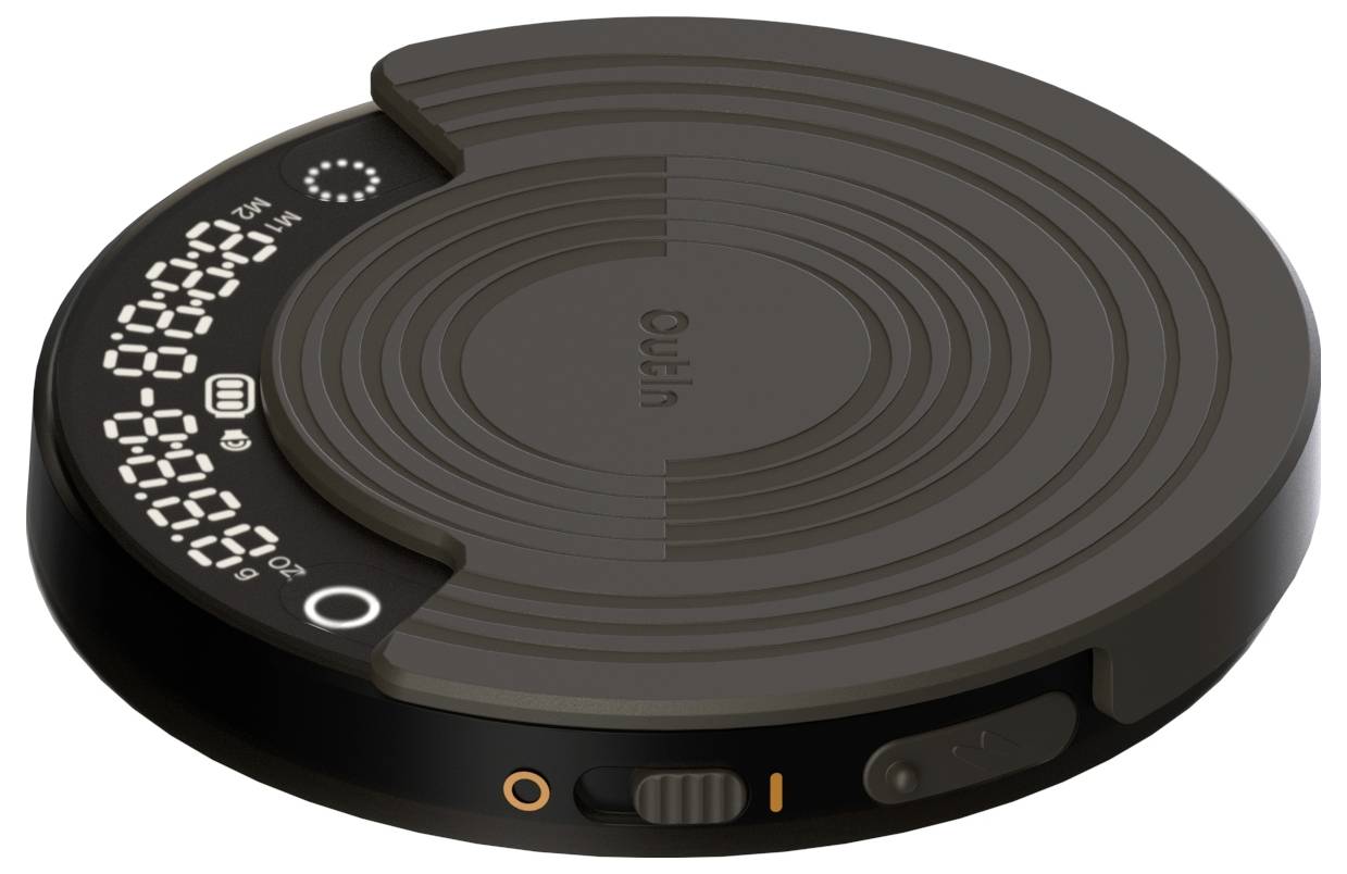 Runder schwarzer Smart Speaker mit Touchsteuerelementen, digitales Display und Lautstärke-/Stromschalter an der Seite.