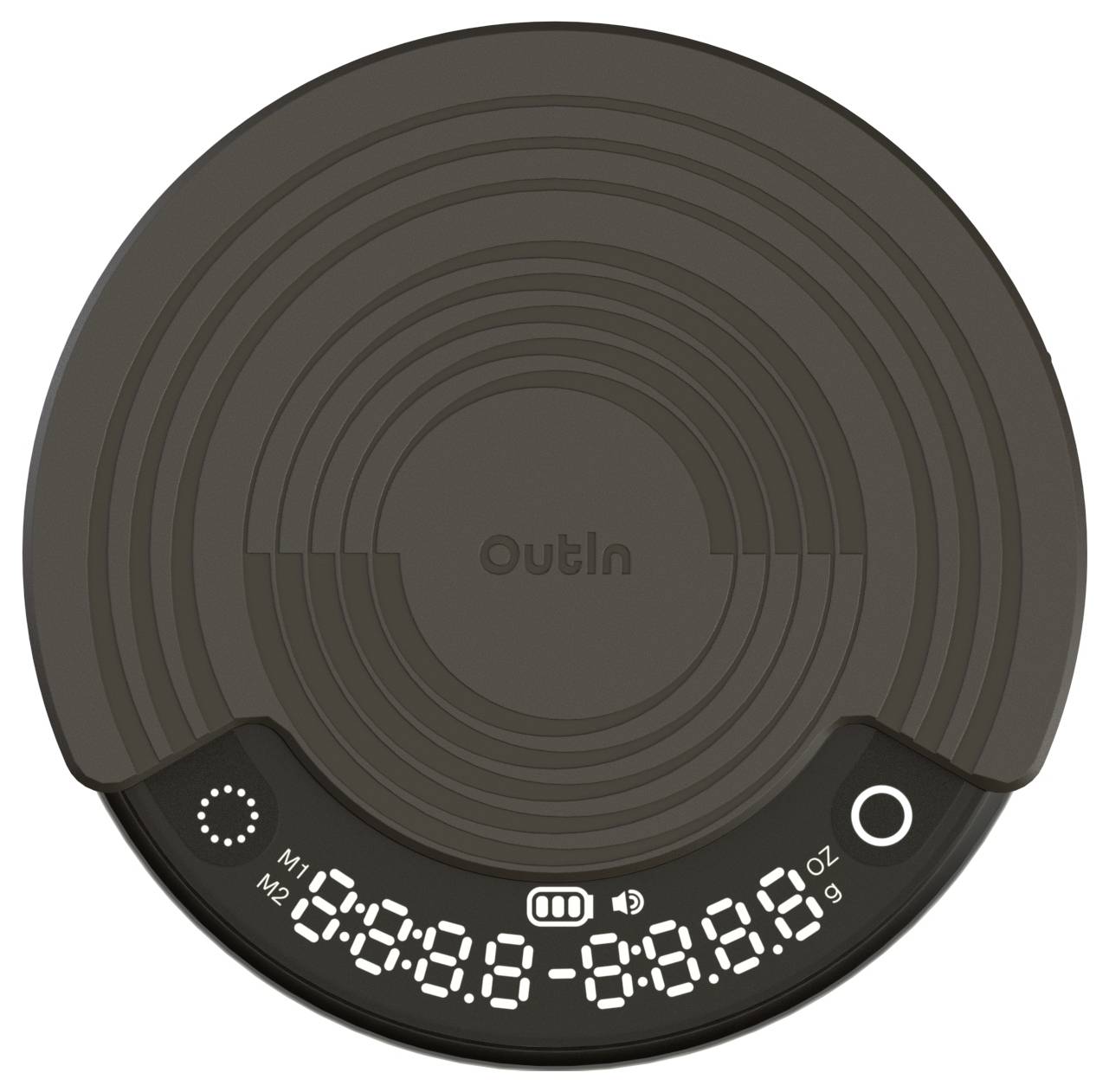 Runder schwarzer Roboterstaubsauger mit Oubin-Logo und digitaler Kontrollanzeige auf der Vorderseite.