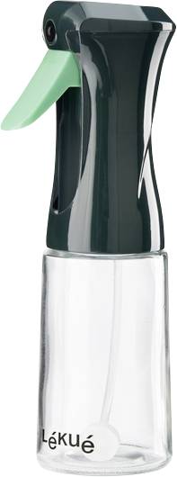 Transparente Sprühflasche mit dunkelgrüner Kappe und mintgrünem Auslöser, mit Lékué-Etikett, auf weißem Hintergrund dargestellt.