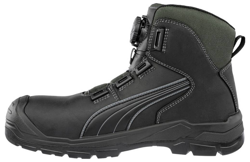Schwarzer und dunkelgrüner hoher Sicherheitsstiefel mit schnürloser Drehverschlussschließung und robuster Sohle, in Seitenansicht auf weißem Hintergrund dargestellt.