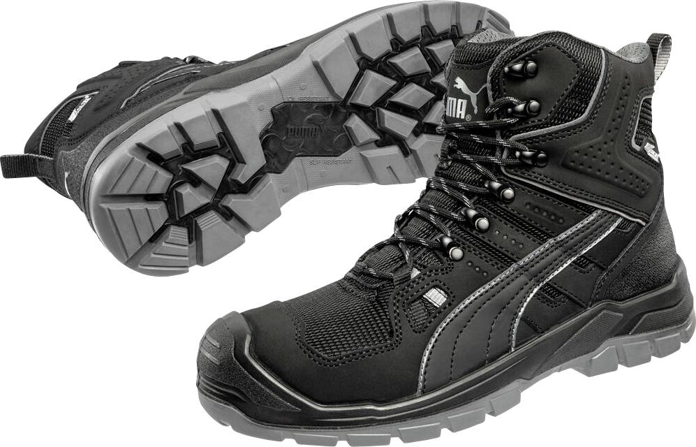 Schwarzer, robuster High-Top-Arbeitsstiefel, dargestellt von Seiten- und Sohlenansicht, mit dickem Stollenprofil und gepolsterter Knöchelunterstützung.