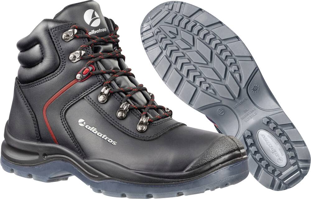 Black Albatros Wanderschutz-Stiefel von der Seite und Sohle gezeigt, mit roten Schnürsenkeln, Metallösen und einer robusten Profilsohle.