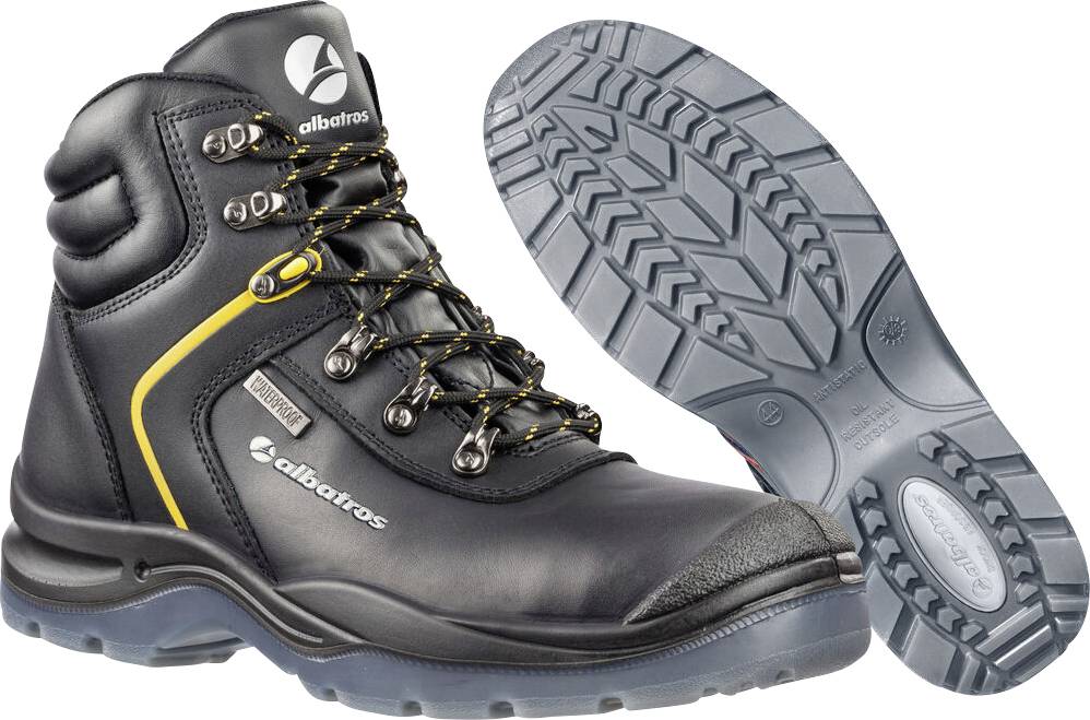 Schwarze Albatros-Wandersicherheitsstiefel mit gelben Akzenten, daneben die Profilsohle gezeigt, um die langlebige Griffigkeit und Knöchelstütze hervorzuheben.