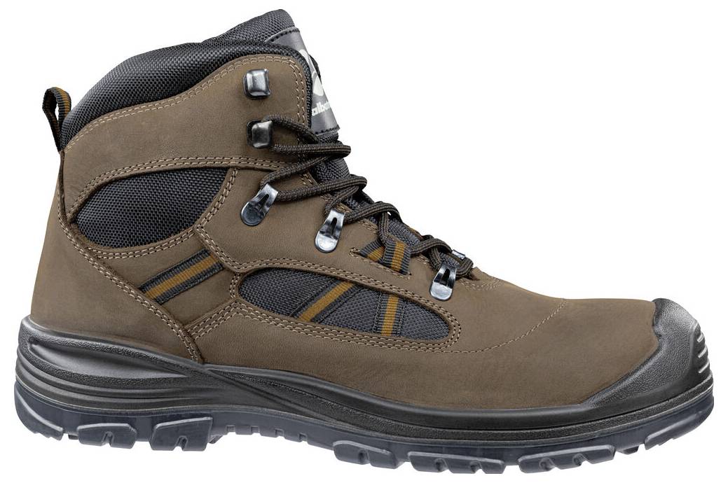 Braun und schwarz geschnürter Wanderstiefel mit robuster Profilsohle, in Seitenansicht auf weißem Hintergrund gezeigt.