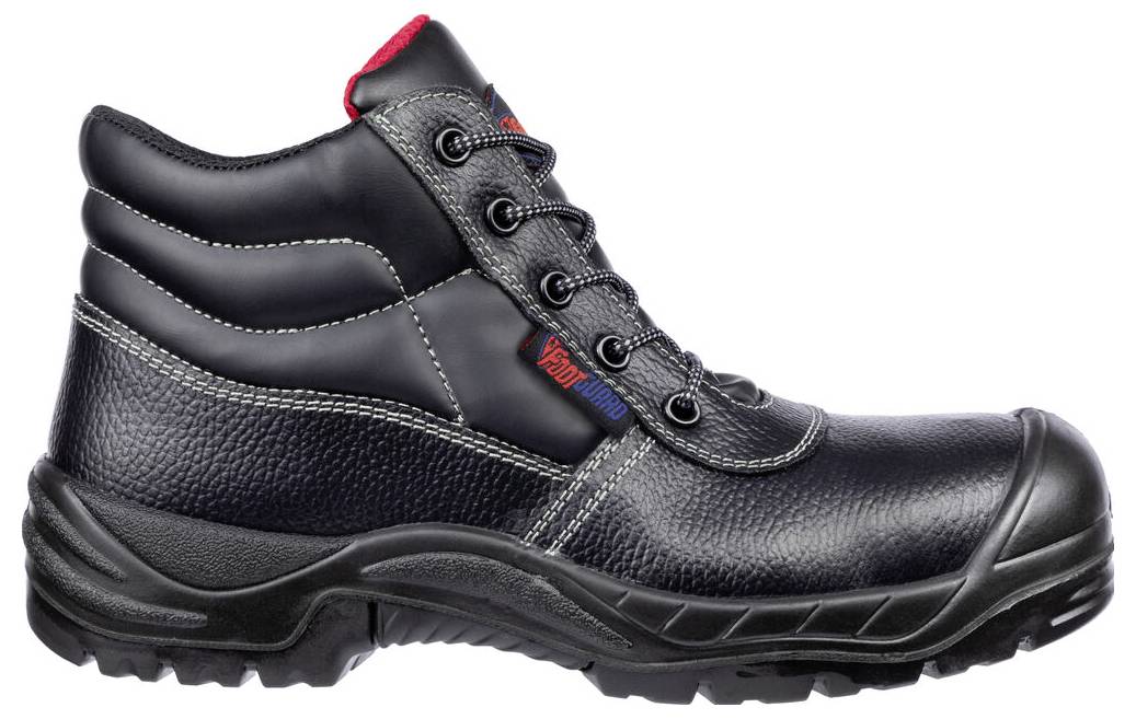 Schwarzer hoher Sicherheitsarbeitsstiefel mit gepolstertem Kragen, Schnürverschluss vorne und robustem Profil auf weißem Hintergrund.