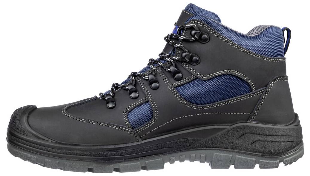 Schwarzer und blauer Hochschaft-Wanderstiefel in Seitenansicht auf weißem Hintergrund.