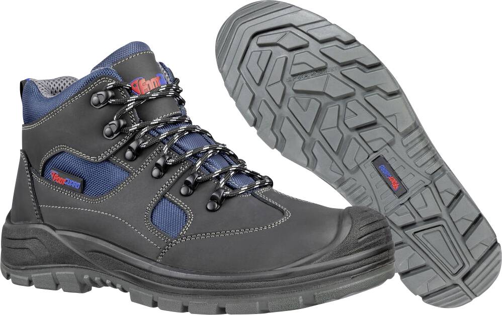 Schwarz-blaue Arbeitsschuhe mit hohem Schaft, gezeigt mit einem Schuh aufrecht und einer Sohle nach vorne gerichtet, die robustes Profil und schnürgestützte Knöchelunterstützung zeigt.