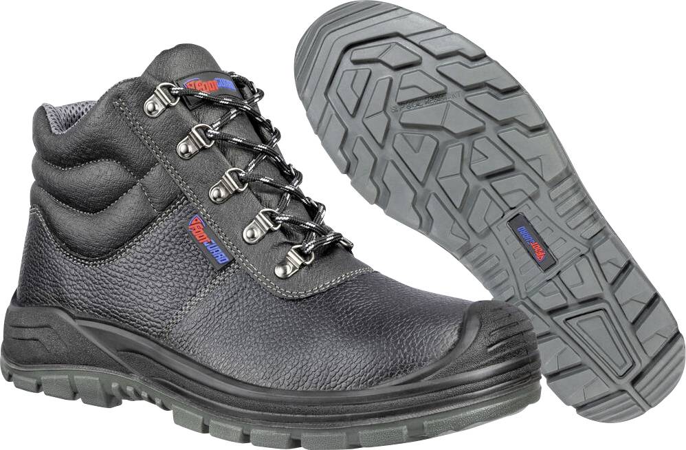 Schwarzer hochschaftiger Wanderschuh in Seitenansicht mit separat gezeigter Sohle, mit robustem Profil und Metallösen.