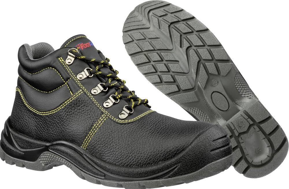 Robuster schwarzer Schnürstiefel für Arbeiten mit gelben Nähten, in Seitenansicht dargestellt, mit sichtbarer Sohle eines zweiten Stiefels, um das Profil hervorzuheben.