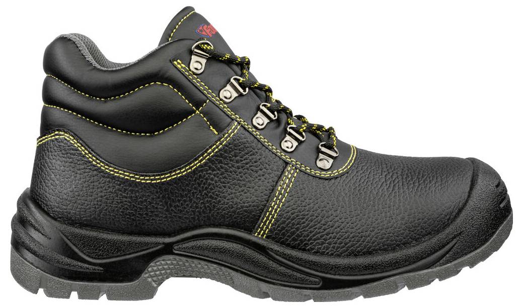 Schwarzer Leder-Sicherheitsarbeitsstiefel mit gelbem Nähgarn, gepolsterter Knöchelkragen, Schnürsenkelverschluss vorne und dicker profilierter Sohle.