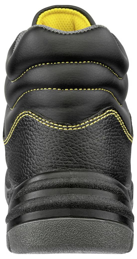 Schwarzer Lederschuh zum Arbeiten, von hinten gezeigt, mit gelber Naht und einem gelb gepolsterten Kragen.
