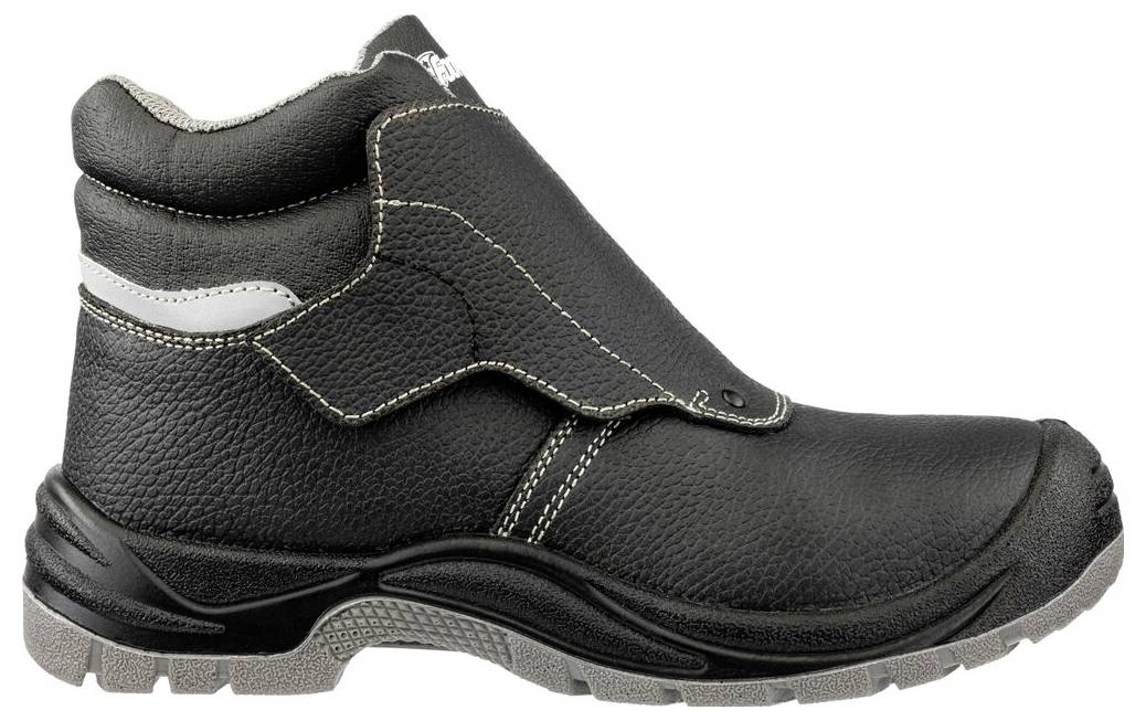 Schwarzer Lederstiefel für Arbeitsschuhe mit grauem gepolstertem Kragen und robuster grauer Laufsohle, gezeigt in Seitenansicht auf weißem Hintergrund.
