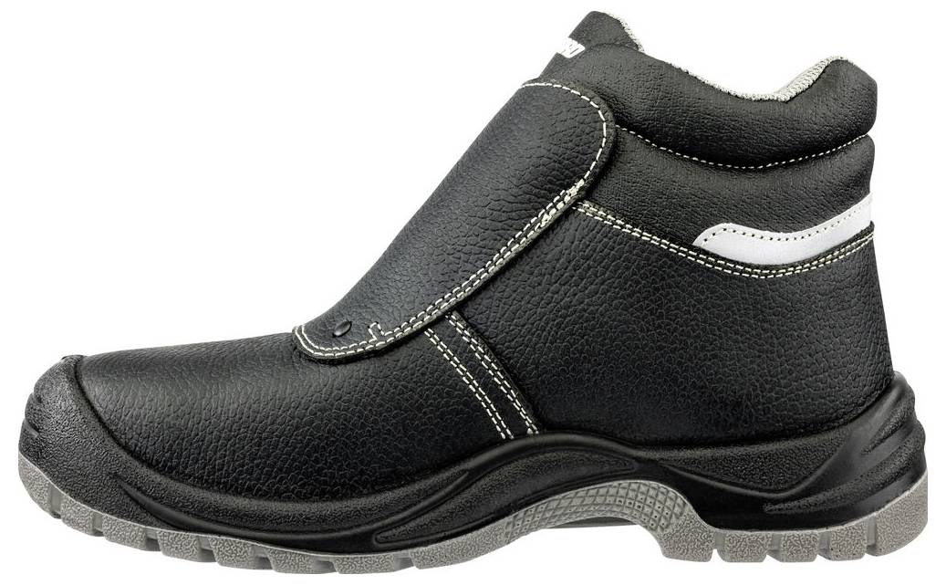 Schwarzer Slip-On-Sicherheitsarbeitsstiefel mit verstärkter Zehenkappe, gepolstertem Fesselkragen und robuster Profilsohle auf weißem Hintergrund.