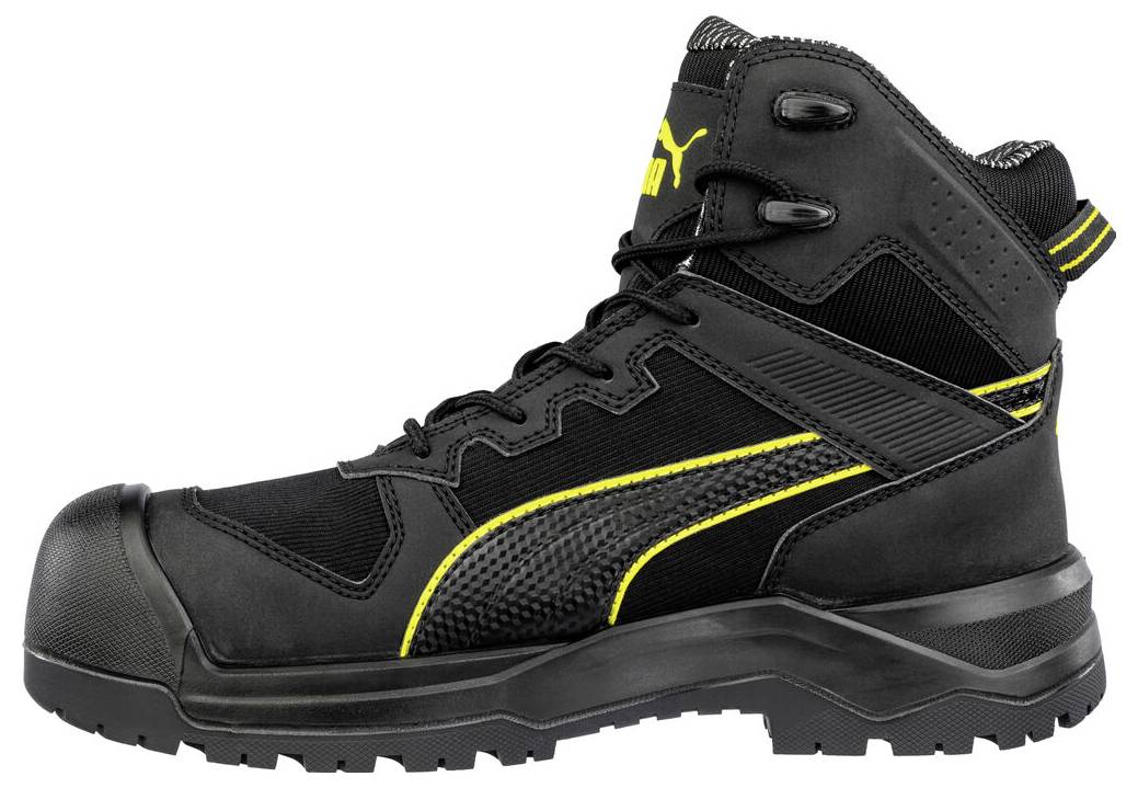 Schwarzer hoher Sicherheitsarbeitsstiefel mit gelben Akzenten, dicker robuster Sohle und verstärkter Zehenkappe auf weißem Hintergrund.