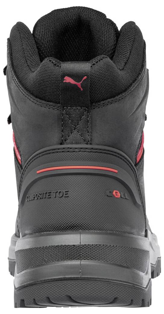 Black Puma High-Top Arbeitsschuh, von hinten dargestellt, mit roten Akzenten und einer geprägten 'MOTION PROTEK' Sohlenplatte.