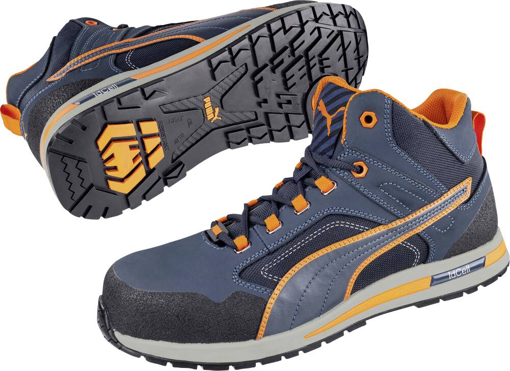 Paar marineblaue und orangefarbene Sicherheitsarbeitsstiefel, von der Seite und Sohle gezeigt, mit robustem Profil und verstärkter Schutzklappe für Schutz.
