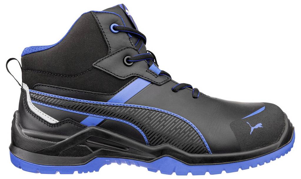 Schwarz-blauer Arbeits-Stiefel in hoher Ausführung mit robuster Sohle, gezeigt in Seitenansicht auf weißem Hintergrund.