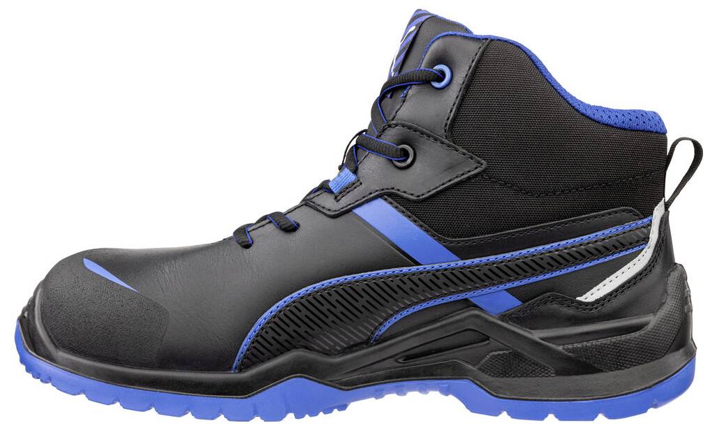 Schwarzer und blauer High-Top-Arbeitsstiefel, shown in Seitenansicht auf weißem Hintergrund.