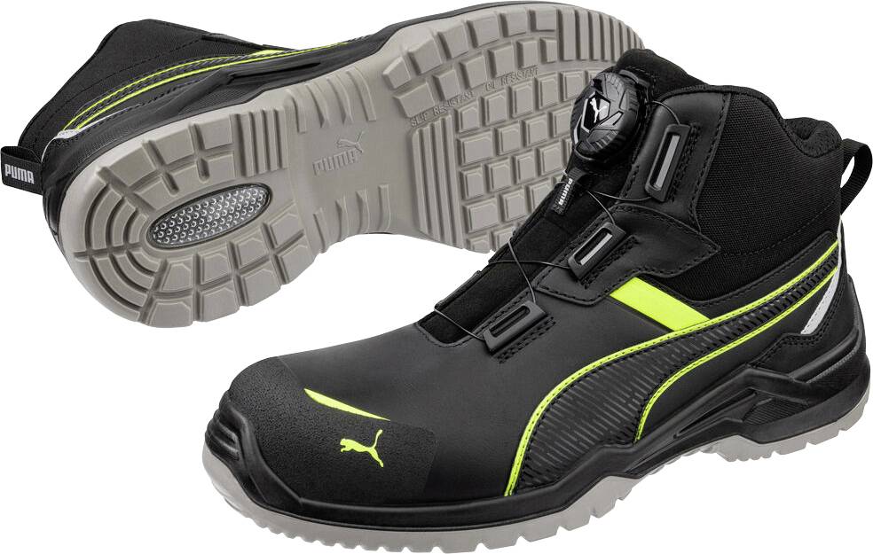 Schwarzer Puma High-Top Arbeitsstiefel mit neongelben Akzenten und robuster grauer Profilsohle, gezeigt in Seiten- und Sohlenansicht.