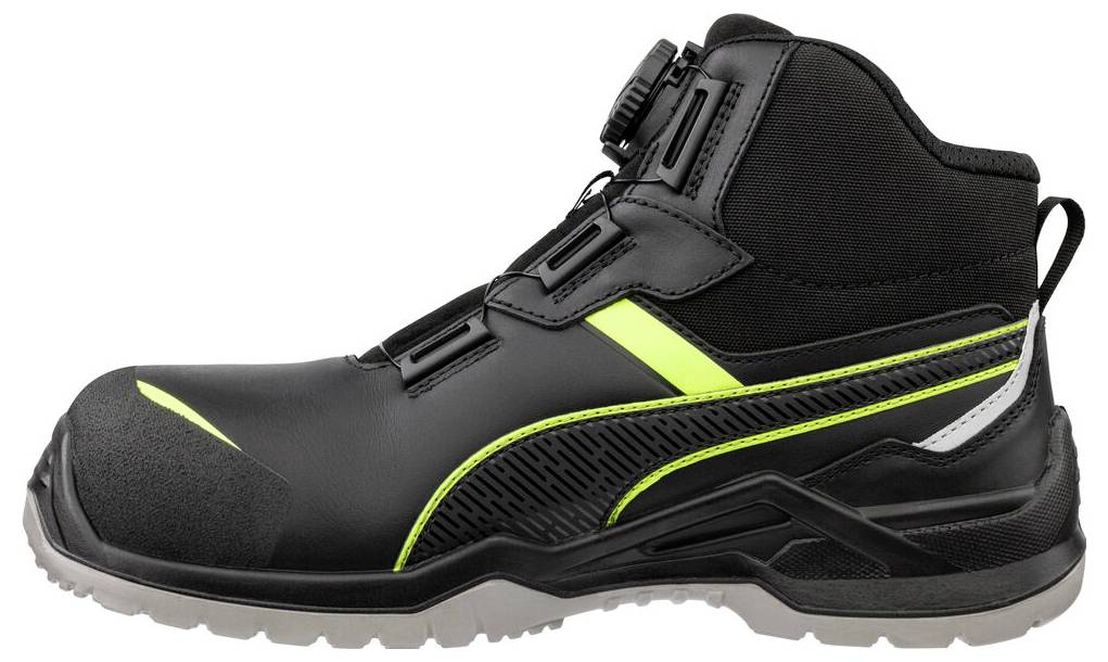 Schwarzer Sicherheitsarbeitsstiefel mit neongelben Akzenten, Verbundwerkstoff-Schutzkappe und robuster Sohle, dargestellt in der Seitenansicht auf weißem Hintergrund.