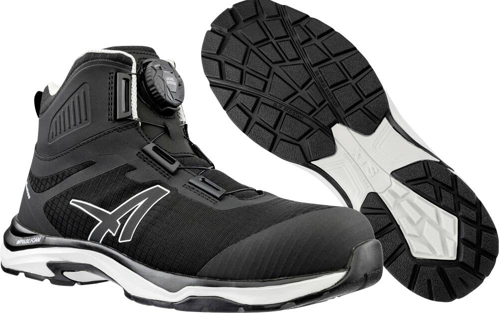 Schwarzer Sportschuh in Seitenansicht mit sichtbarer Sohle, ausgestattet mit einer weißen Zwischensohle und einem Drehverschlusssystem.