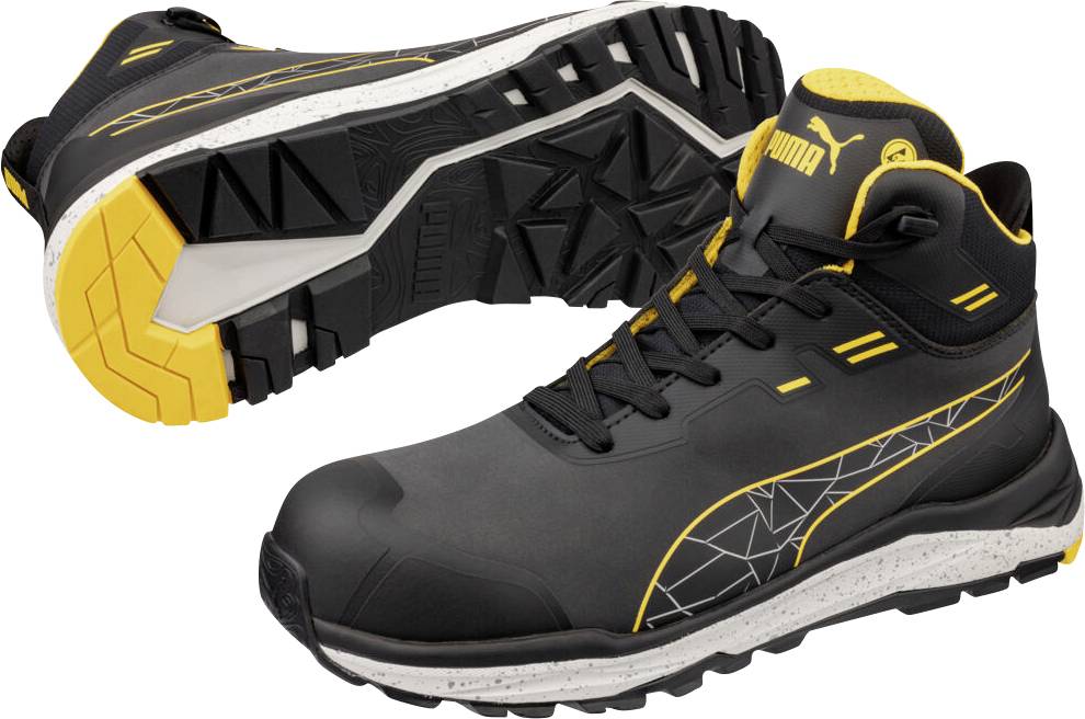 Schwarze und gelbe Puma-Stiefel mit hohem Schaft für Arbeit, von der Seite und Sohle gezeigt, um die robuste Profilierung und den athletischen Stil zu präsentieren.