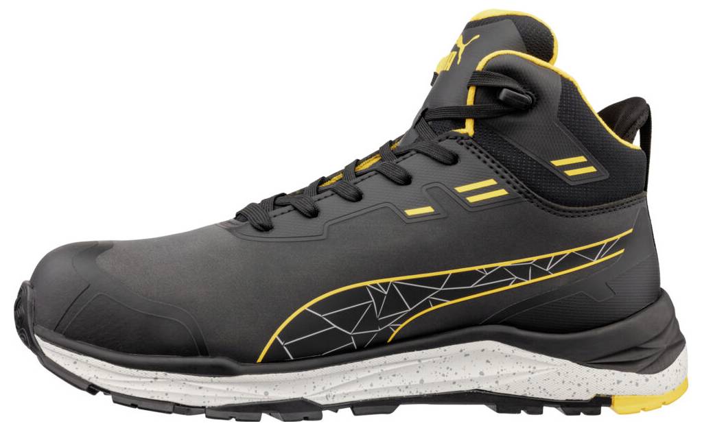 Schwarz-gelber hoher Sportschuh, shown in profile auf weißem Hintergrund, mit robuster Sohle und Trail-Running-Design.