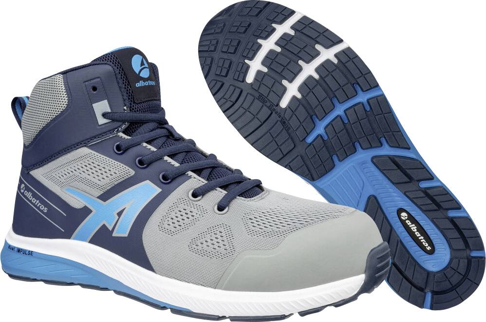 Grauer und blauer sportlicher Sicherheitsschuh mit Ansicht der Profilsohle, mit Albatros-Branding und ergonomischem Arbeits-Sneaker-Design.