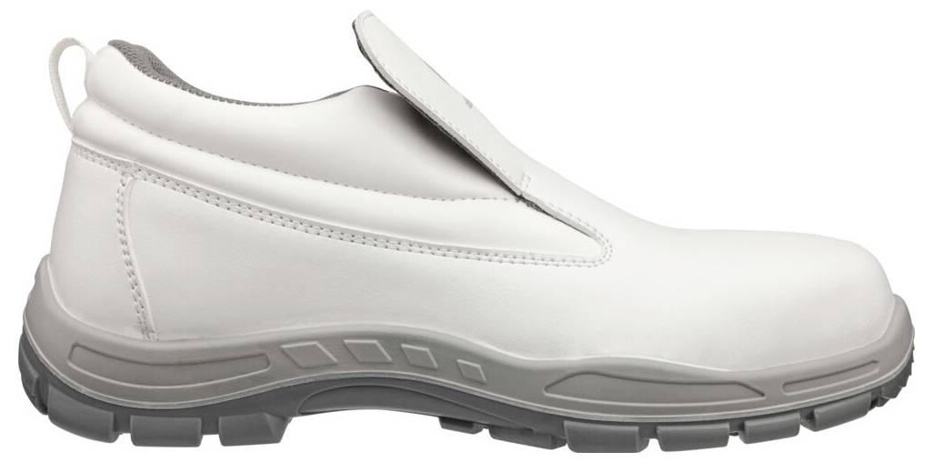 Weißer Slipper-Sicherheitsarbeitschuh mit grauer Sohle und verstärkter Zehenkappe, gezeigt in Seitenansicht auf einfachem Hintergrund.