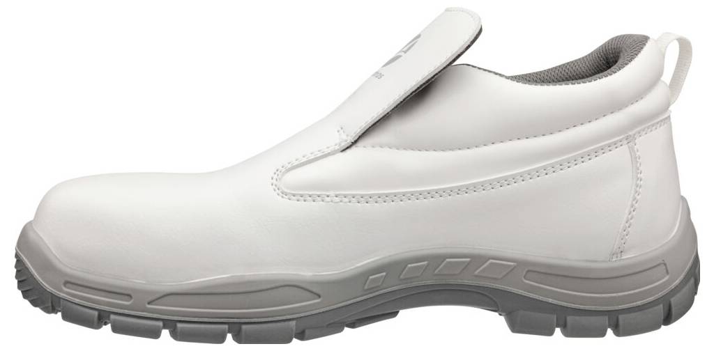 Weißer Slip-On-Arbeitsschuh mit grauer Sohle, in Seitenansicht auf neutralem Hintergrund gezeigt.