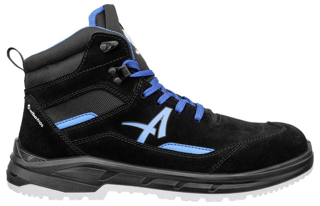 Schwarzer hoher Arbeitsstiefel mit blauen Akzenten und weißer Sohle, in Seitenansicht vor einfachem Hintergrund dargestellt.