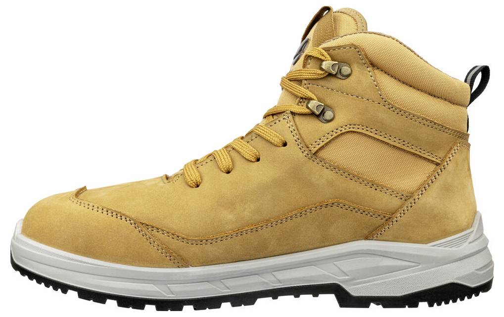 Beige Wanderstiefel mit gepolstertem Fesselkragen, schwarzer Laufsohle und grauer Sohle, in Seitenansicht auf weißem Hintergrund gezeigt.