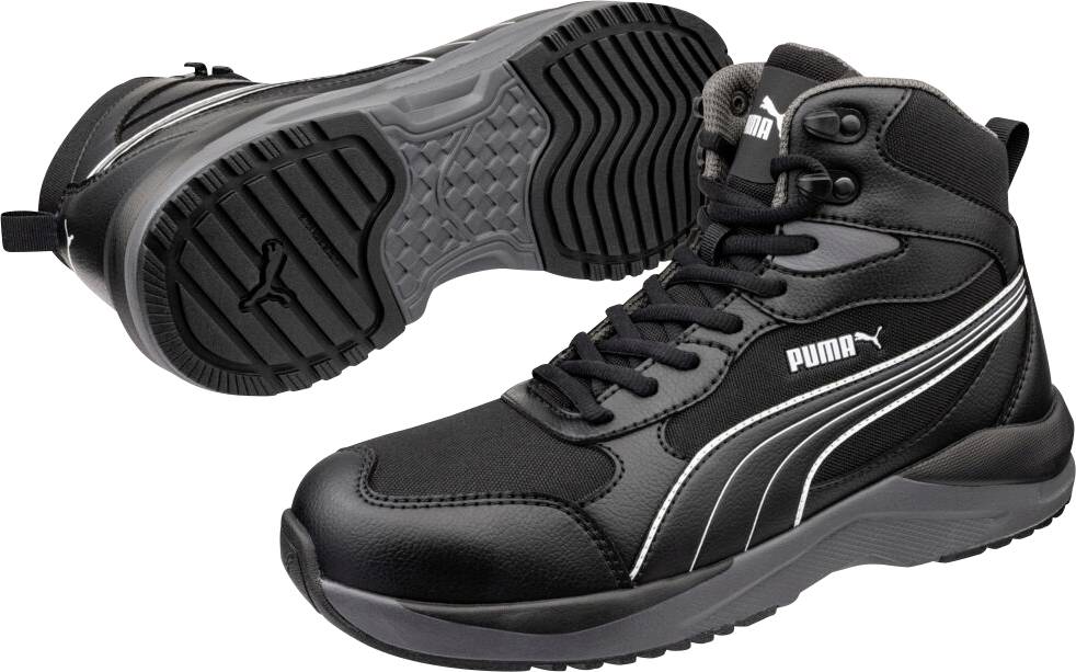 Schwarze Puma-Sicherheitsstiefel in Ausführung mit hohem Schaft, gezeigt von der Seite und der Sohle, mit strukturierter Lauffläche und Logo-Branding.