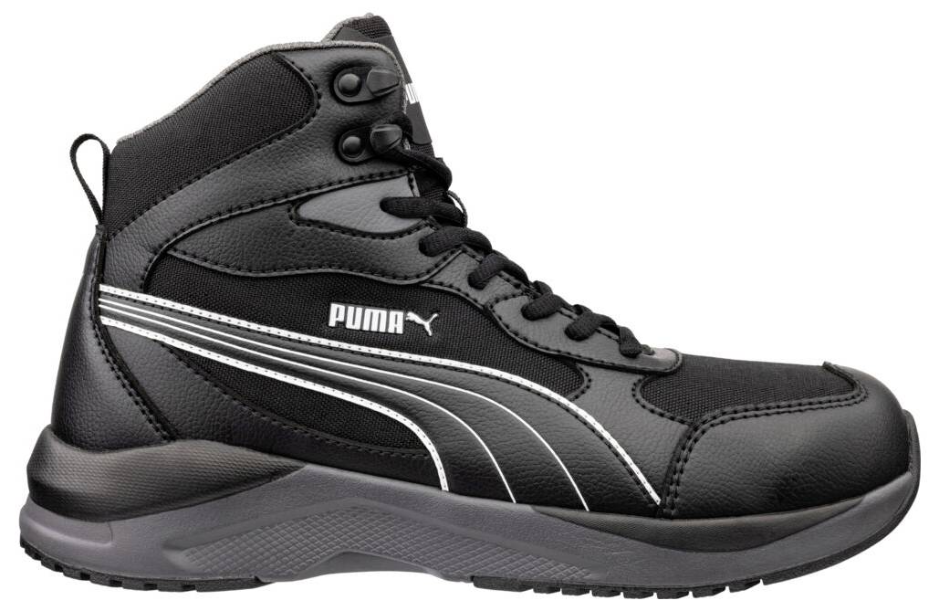 Schwarzer Puma-Highcut-Sportschuh mit weißem Logo und grauer Sohle, in Seitenansicht auf weißem Hintergrund dargestellt.