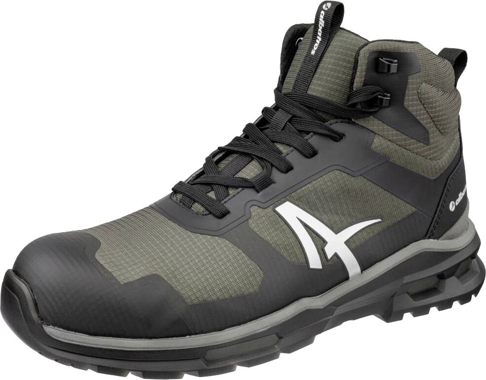 Ein robuster schwarzer und olivfarbener hoher Wanderarbeitsstiefel mit Schnürsenkeln und verstärkter Zehenpartie, shown auf weißem Hintergrund.