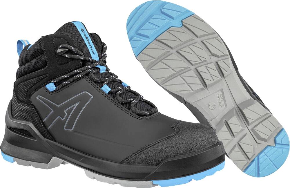 Schwarzer und blauer hoher Arbeitsstiefel in Seitenansicht mit sichtbarer Sohle, der die robuste Profilierung und das Schutzdesign hervorhebt.
