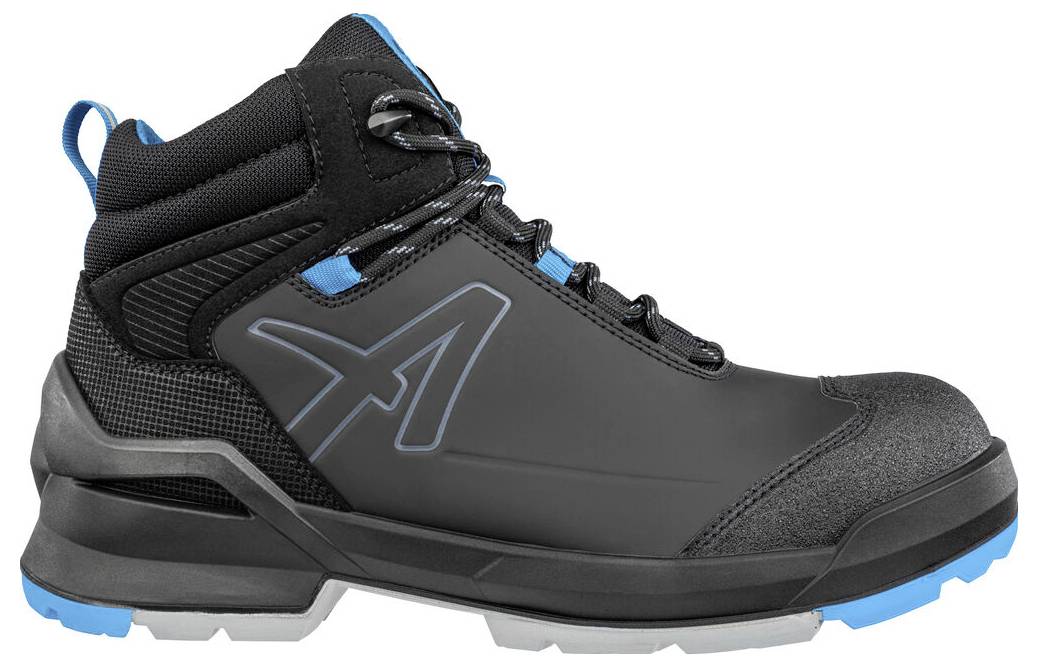 Schwarzer und grauer High-Top-Arbeitsschuh mit blauen Akzenten und robuster Sohle, dargestellt in Seitenansicht auf weißem Hintergrund.