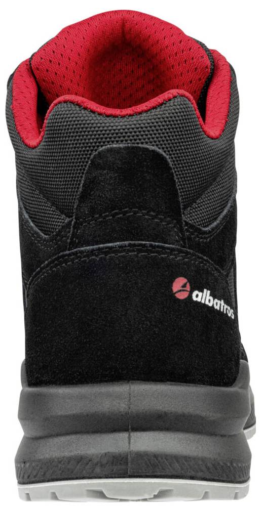 Schwarzer und roter High-Top-Arbeitsstiefel von hinten gezeigt, mit gepolstertem Kragen, Logo auf der Ferse und dicker grauer Sohle.