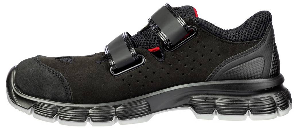 Schwarzer Sicherheits-Sneaker mit verstärkter Zehenkappe, doppelten Riemenverschlüssen und dicker strukturierter Sohle auf weißem Hintergrund.